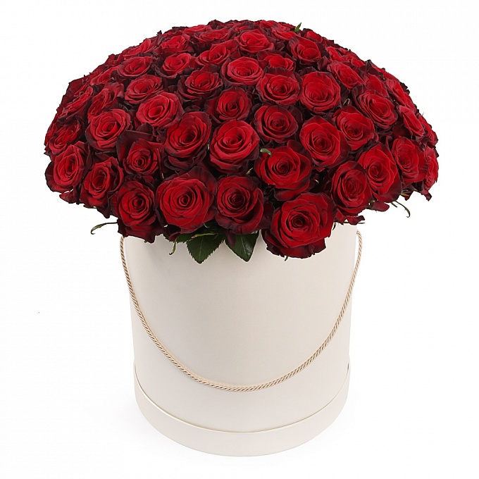 Букет 101 красная роза Премиум в шляпной коробке
